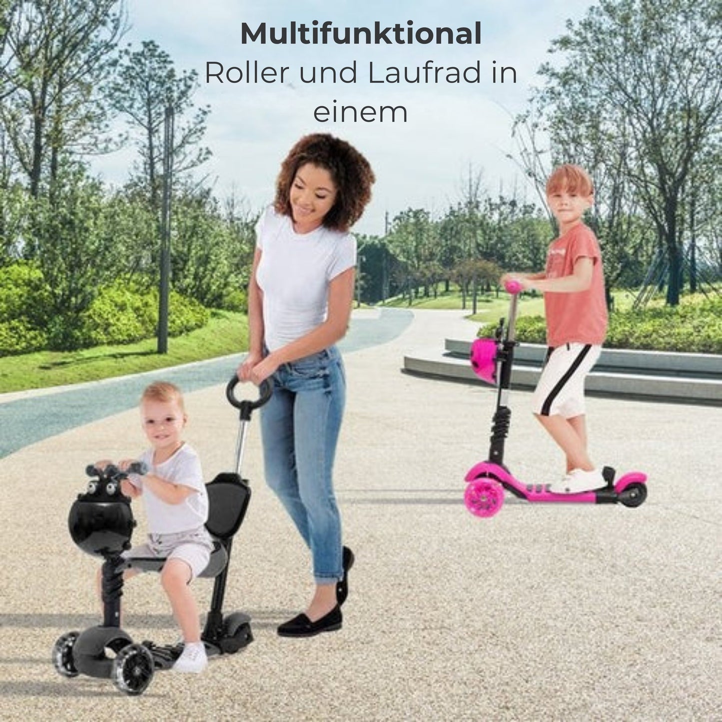 LifeGoods MultiRider - Kinder-Roller - Mit Schiebestange - 3 -8 Jahre - Jungen/Mädchen - 3 leuchtende Räder - Schwarz
