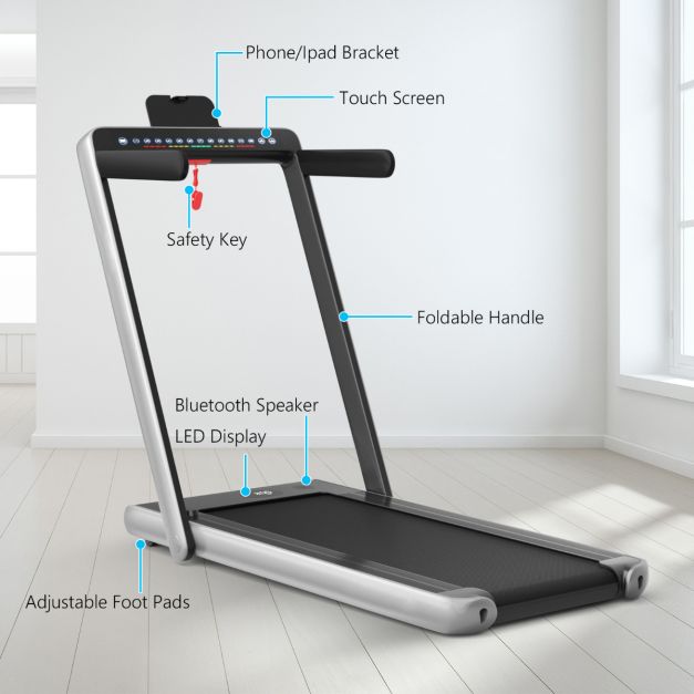 2-in-1 faltbares elektrisches Laufband - Silber - mit Bluetooth-Lautsprecher, doppelter LED-Anzeige und 40x100 cm Lauffläche