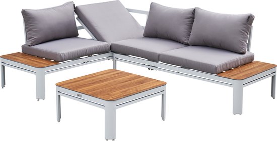 AXI Eos Lounge-Set mit Liege, weiß mit Holzoptik, PSPC – Eckgarnitur mit Tisch – Pulverbeschichtetes Aluminiumgestell – Integrierte Liege – Tischplatte aus PSPC