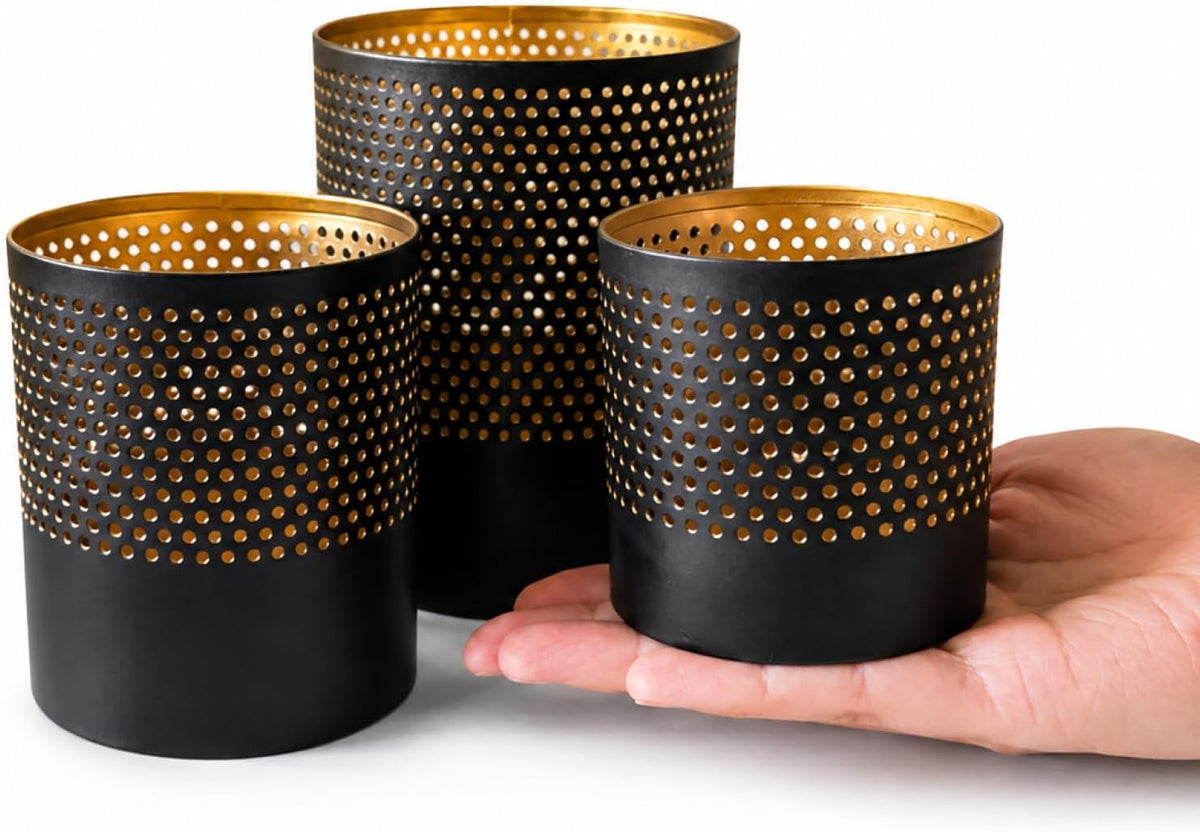 com-four® 3er-Set Metalllaternen – Schwarz/Gold – 7,5, 10 und 13 cm
