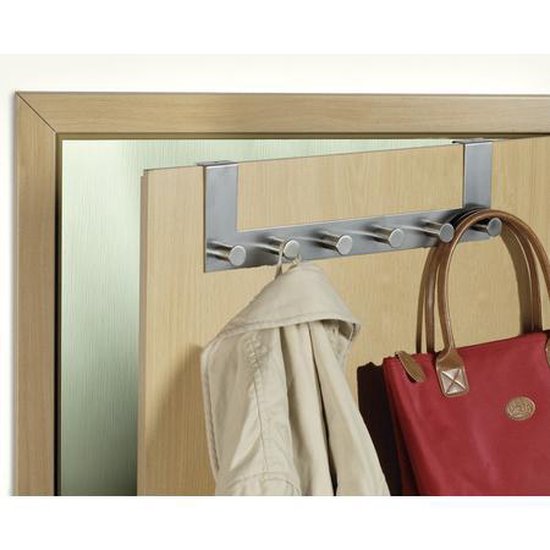 WENKO Türgarderobe Celano aus Edelstahl, 39 cm breit, mit 6 Haken – Hakenleiste – Türgarderobe – Für Aufsatz-Türen mit einer Stärke von 2 cm