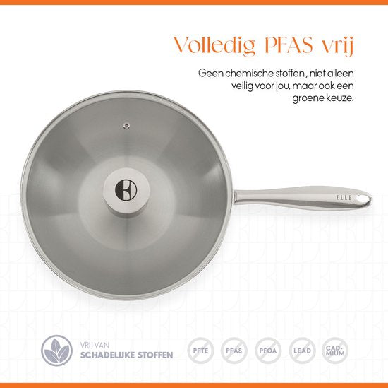 ELLE Gourmet Classique Edelstahl-Wokpfanne mit Deckel - Ø 28 cm - PFAS-frei - Induktion