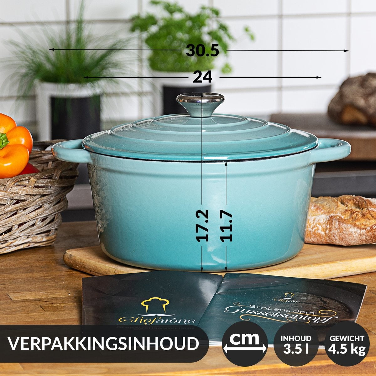 Chefarone Gusseisenpfanne - Kasserolle - Inklusive Deckel - Geeignet für alle Wärmequellen - Emailliert - Blau