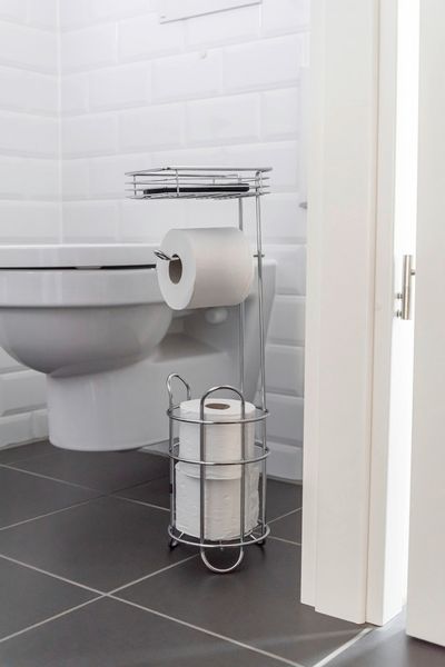 Stehender Toilettenpapierhalter aus Chrom – mit Ablage und Halter für Ersatzrollen