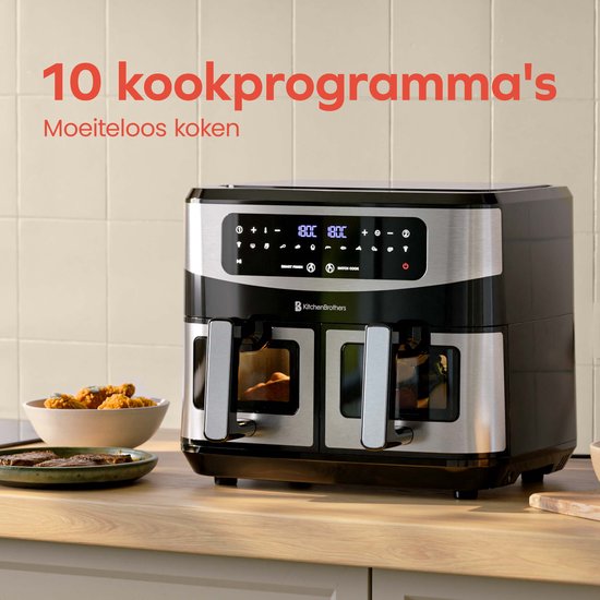 KitchenBrothers Double Airfryer - 2400W - Dual Zone - 9L - Heißluftfritteuse - Airfryer XXL - 2 x 4.5L - 10 Kochprogramme - Edelstahl/Schwarz