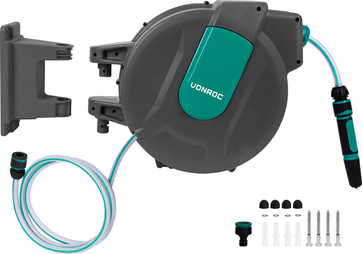 VONROC Wand-Schlauchbox - Inkl. 35m Gartenschlauch, Verbindungsschlauch, Tülle, Kupplungen & Wasserhahnanschluss - Automatisches Aufrollsystem