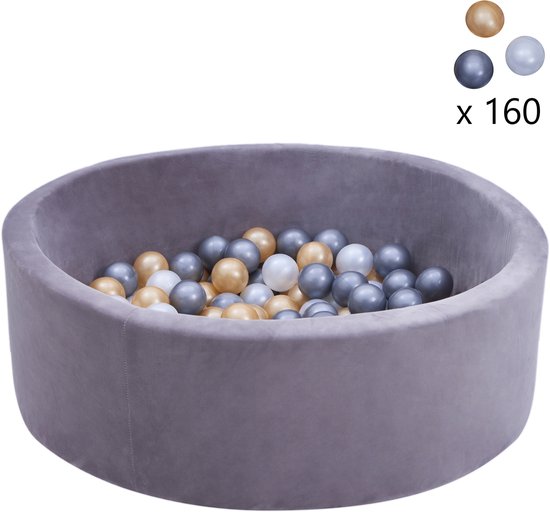 Sunny Boaz Bällebad inklusive 160 Bälle, Velvet Grau – Weiß/Grau/Gold, Ø 7 cm – Rundes Bällebad, Ø 90 x 30 cm