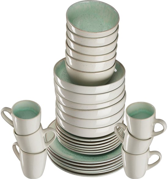 tectake® Geschirrset Mare – 30-teilig – Steingut mit glänzender Glasur - Für 6 Personen - Handgefertigtes Geschirr - Modernes Geschirrset mit großen und kleinen Tellern, Schüsseln, Schälchen und Tassen - Spülmaschinen- und mikrowellengeeignet - Münze