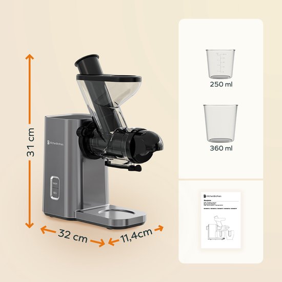 KitchenBrothers Slowjuicer - Mini-Entsafter - Gemüse- und Obstpresse - 40 mm und 50 mm Einfüllöffnung - 400 ml - Grau