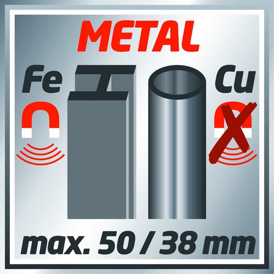Einhell Digitaler Leitungsfinder TC-MD 50 – Erkennungstiefe Holz: 19 mm – Metall: 19 mm – Eisen: 50 mm – Kupfer: 38 mm – Leiter: 50 mm
