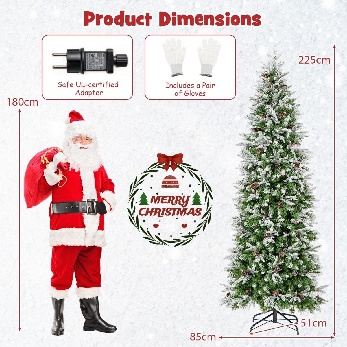 Coast Künstlicher Weihnachtsbaum 225 cm Grün/Weiß - Vorbeleuchtet mit Warm White LED - Scharnierkonstruktion - 913 Zweige - Mit Schnee und Tannenzapfen