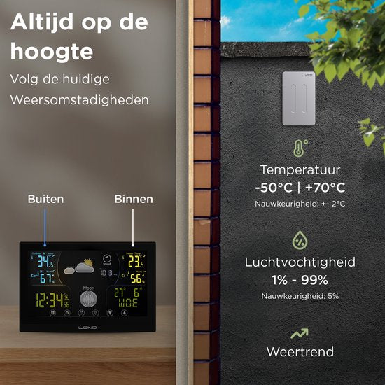 LONQ Innen- und Außenwetterstation Q3 - inkl. Batterien - Funkwetterstation mit Außensensor - Thermometer Hygrometer - Touchscreen Farbdisplay - DCF-gesteuerte Uhr