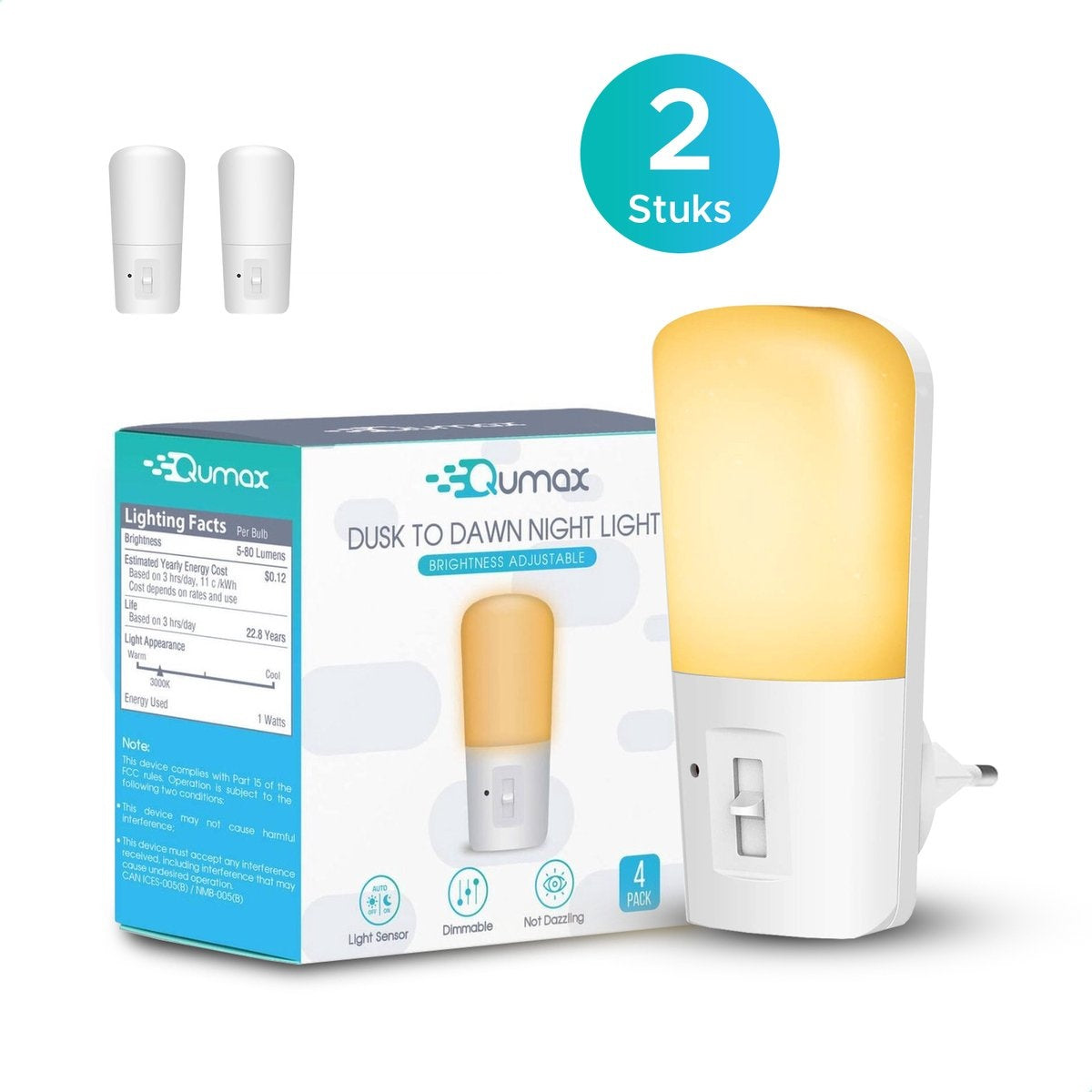 Qumax LED Nachtlicht Sockel 2 Stück - Dimmbare Nachtlichter mit Sensor - Babyzimmer Nachtlicht - Tag und Nacht Sensor - Kinder & Baby - Weiß