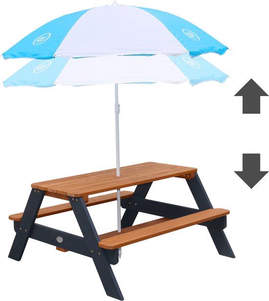 AXI Nick Picknicktisch Anthrazit/Braun – Sonnenschirm Blau/Weiß – Picknicktisch für Kinder aus FSC-Holz