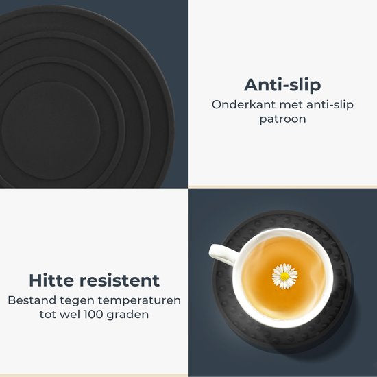 Castagnola Silikon-Untersetzer - Untersetzer für Gläser - Design-Untersetzer mit Halter - Untersetzer-Set - Anti-Rutsch - 6er-Set - Schwarz