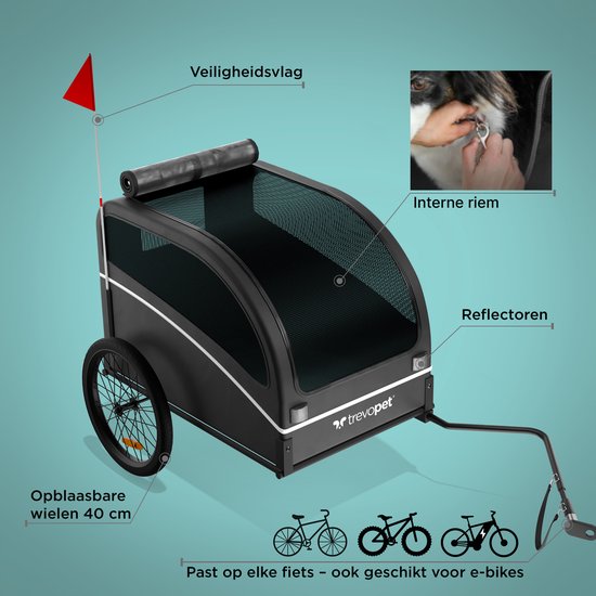 Trevopet® Hundefahrradanhänger - Faltbarer Fahrradanhänger Hund - Hundeanhänger - Geeignet für E-Bikes - Bis zu 40 kg - Für mittlere & große Hunde - Schwarz