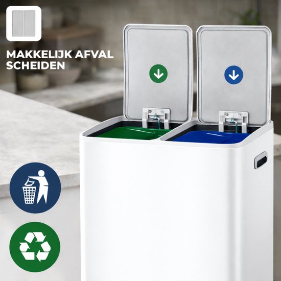 Bayt Mülleimer - Mülleimer 60 Liter (2x30) - Mülleimer 60 Liter - Treteimer 60 Liter - Mülleimer Mülltrennung - Mülleimer 2 Fächer - Mülleimer - Edelstahl - Weiß