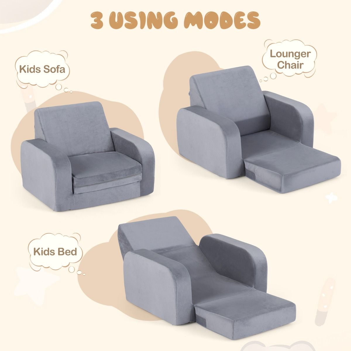 Coast Klappbare Kinderbank – 3-in-1-Kinderbank, Loungesessel und Kinderbett – Ultraweiches Kristallvelours – Grau