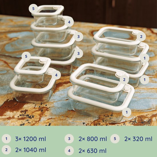 Safecourt Frischhaltebehälter - komplett aus Glas (100% frei von Mikroplastik) - Backofen, Gefrierschrank, Mikrowelle und Spülmaschine - 11-teiliges Set