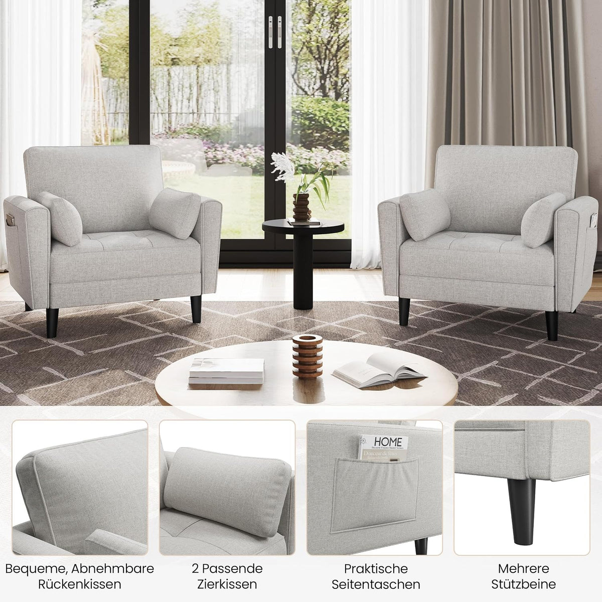 Yaheetech Loveseat-Sofa aus Leinen – Graubeige – 102,5 x 75 x 85,5 cm – Mit 2 Kissen und Seitentaschen
