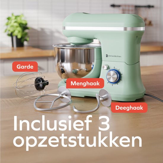 KitchenBrothers Küchenmaschine - 1200W - Küchenroboter - 5L - Brotmixer - Mixer mit Rührschüssel - Küchenmixer - Pastellgrün