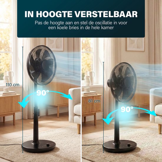 Princess DC Standventilator – besonders leise – ⌀40 cm – 24 Geschwindigkeitsstufen – Höhenverstellbar – 4 Windmodi – 1–24-Stunden-Timer – 90°-Oszillation – Mit Fernbedienung – 354860