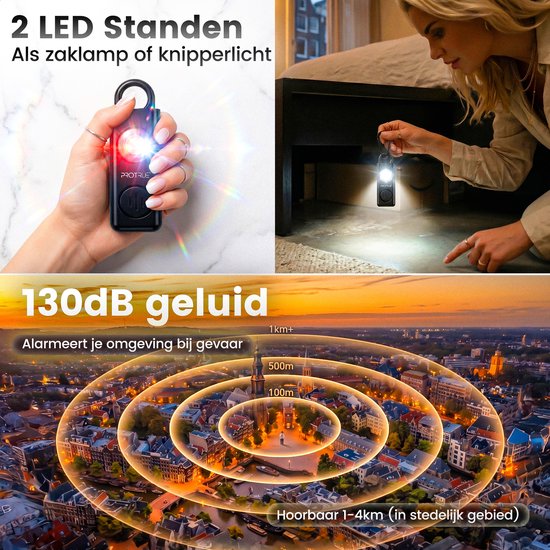 Persönlicher Alarm – Selbstverteidigungs-Schlüsselanhänger – 130 dB Taschenalarm mit Taschenlampe – Pfefferspray – Wiederaufladbar