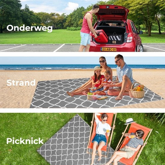 LifeGoods Teppich für den Außenbereich - 152x230CM - Gartenteppich - Teppich für den Außenbereich - Reversibel - Inkl. Tragetasche - Mit Muster - Grau/Weiß