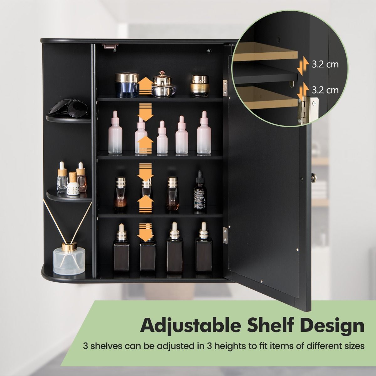 coast Spiegelschrank Bad - 66×17×62 cm - Schwarz - Wandschrank mit Spiegeltür & offenen Regalen