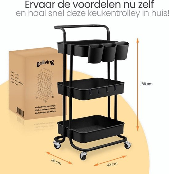Goliving Küchenwagen auf Rädern - Servierwagen - Küchenwagen - Mit Haken und Tabletts - Mobil und feststehend - 3 Ebenen - Schwarz