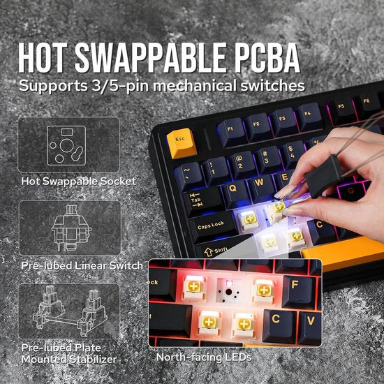 AULA F75 – Kabellose Gaming-Tastatur – Mechanisch – Gasket – Hot-Swap – QWERTY-Tastaturen – Tri-Mode – 80 Tasten – Donnerschwarz