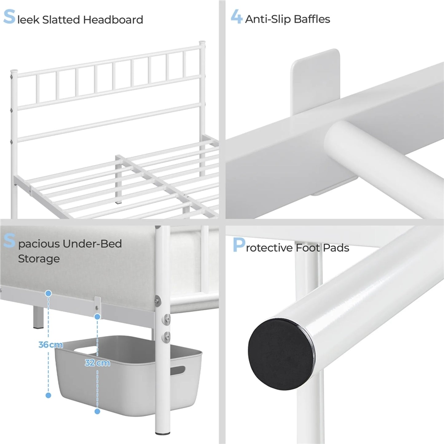 Yaheetech Metall Bettgestell 160 x 200 cm - Ausgestattet mit hohem Kopf- und Fußteil und 12 Metalllatten und 32 cm Stauraum - Für Schlafzimmer und Gästezimmer - Weißes Metall - 207 x 162 x 88,5 cm