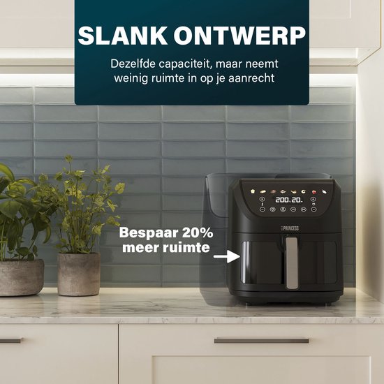 Princess 182257 SlimFry Heißluftfritteuse – 8 l Fassungsvermögen – Transparentes Sichtfenster – Digitaler Touchscreen – 8 voreingestellte Programme – Kompaktes Design – 2000 W