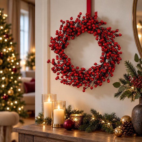 Mica Decorations Weihnachtsdekoration mit roten Beeren – Weihnachtskranz für weihnachtliche Stimmung im Haus – Ø 50 cm aus Schaumstoff – Türkranz für den Innenbereich in der Weihnachtszeit – Rot