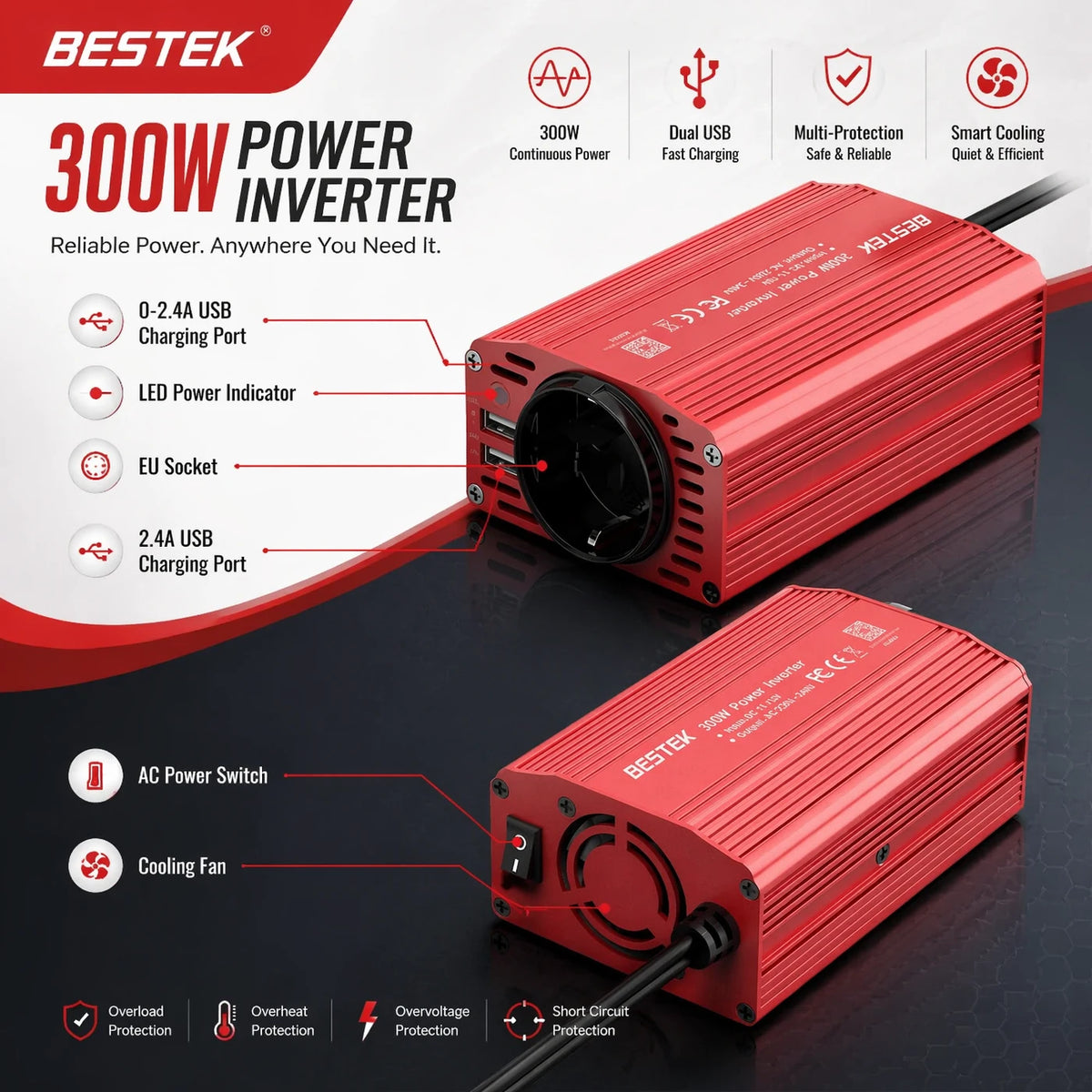 BESTEK 300-W-Wechselrichter 12 V auf 230 V – 2 USB-Anschlüsse & Steckdose – Für Auto, Wohnmobil und unterwegs – Rot