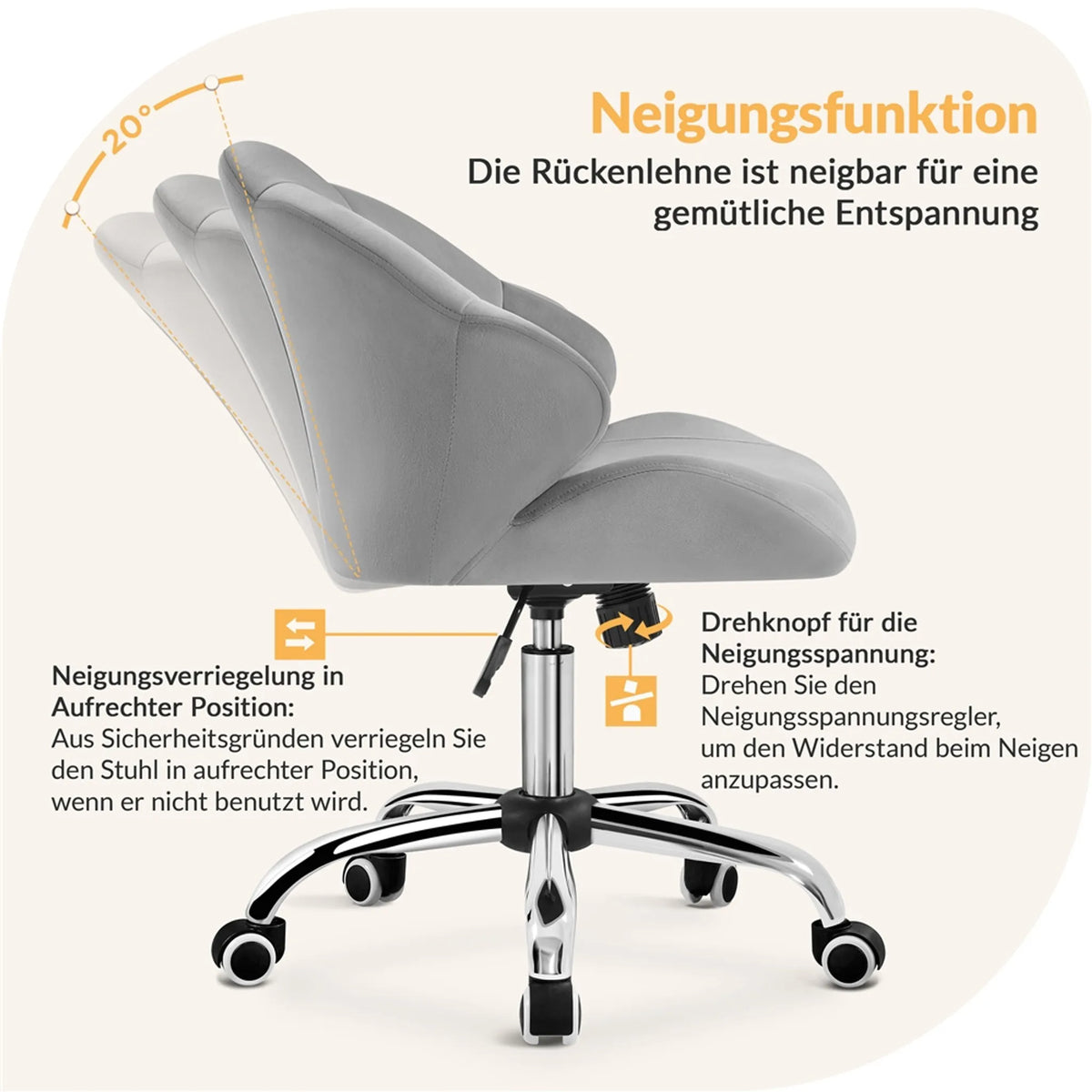 Yaheetech Bürostuhl Shell-Shaped - Features Swing-Funktion und höhenverstellbare Gaslift und gepolsterte Rückenlehne - für Home-Office und Schlafzimmer - Weiß Polyester und Metall - 60 x 60 x 76,5-86 cm