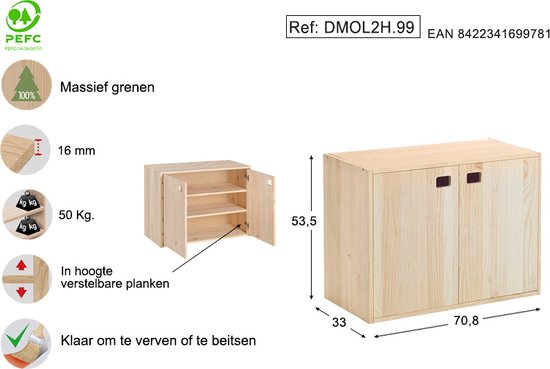 Astigarraga Wandschrank mit Türen – PEFC-zertifiziertes Kiefernholz – 71 x 53 cm – Sideboard – TV-Möbel – TV-Schrank