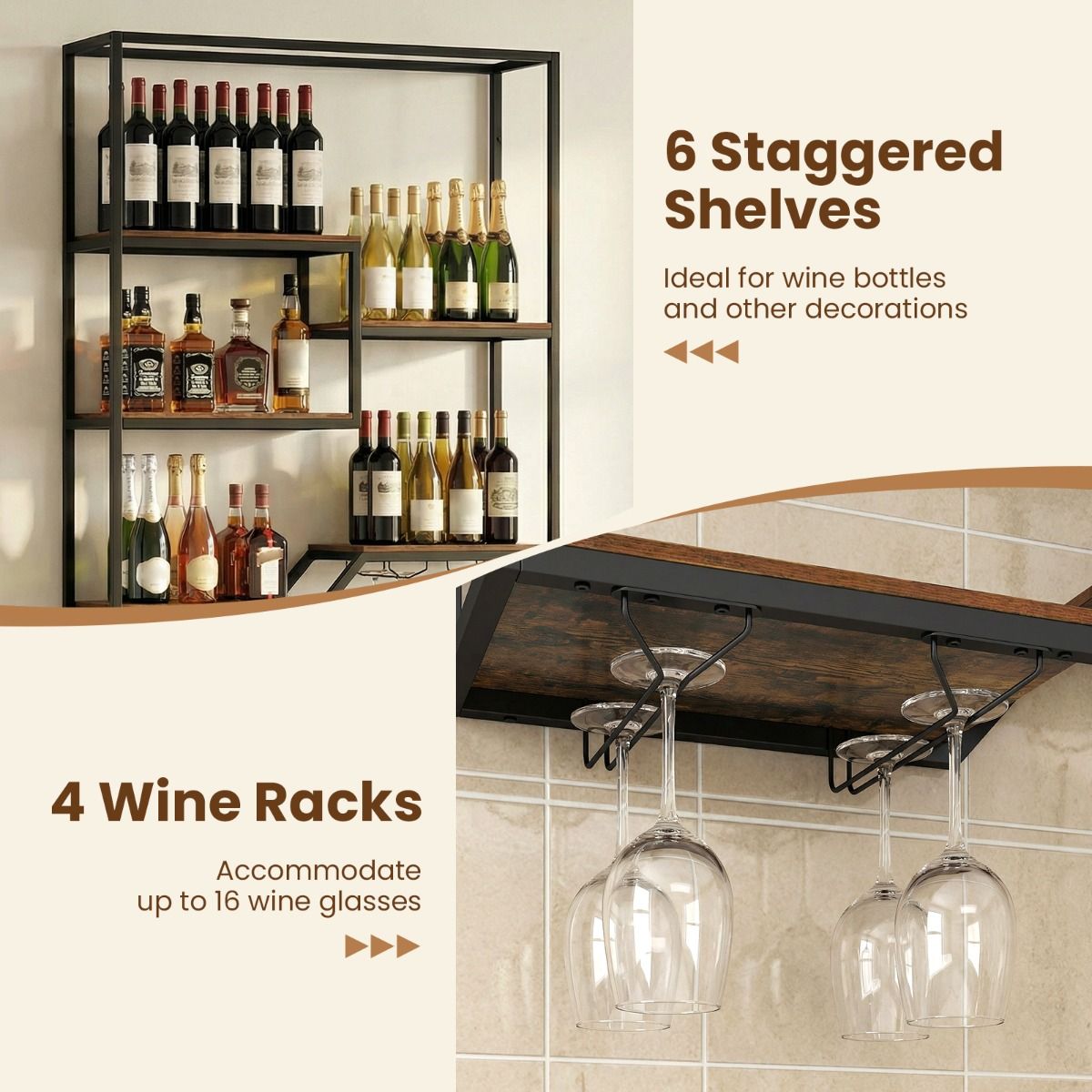 Coast Weinregal zur Wandmontage – 6 Ebenen – Flaschen- und Glashalter – braun und schwarz