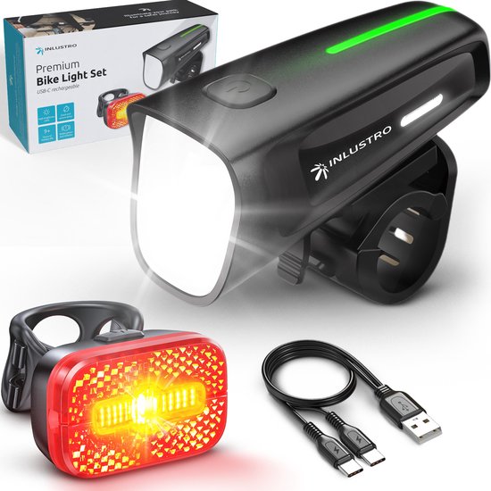 Inlustro Wiederaufladbares LED-Fahrradlicht-Set - Mit Blendschutz und Bremssensor - Rennrad / Radfahren / MTB Fahrradlicht - Fahrradlicht rot und Scheinwerfer weiß - Vorderlicht Rücklicht Fahrradlicht - Wasserdicht / USB-C