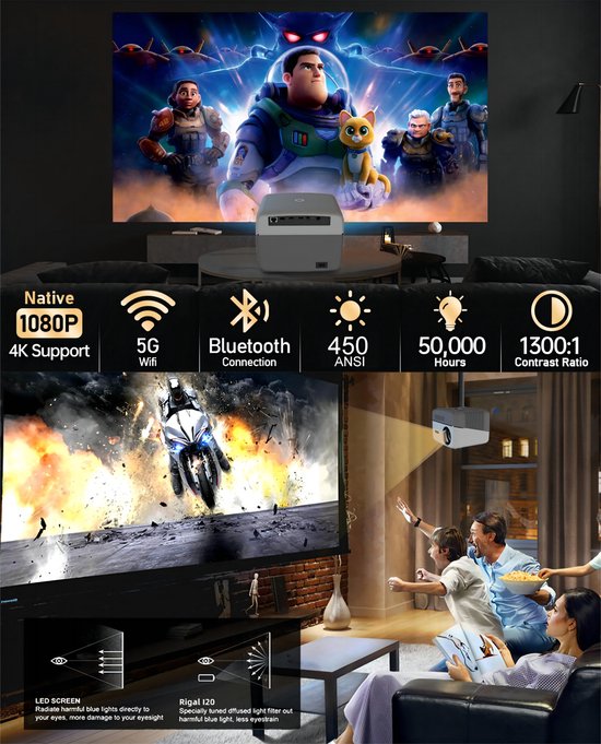 Fuegobird A6 Beamer - 1080P Full HD - Smart Home Projektor - Unterstützung 4K - Android TV 9.0 - 450 ANSI - Streaming mit IOS & Android - Autofokus und 4D Keystone - 2GB RAM+32GB ROM - WiFi6 - 2.4G/5G WiFi - BT5.0 - Netflix/Prime Video/Youtube - Grau