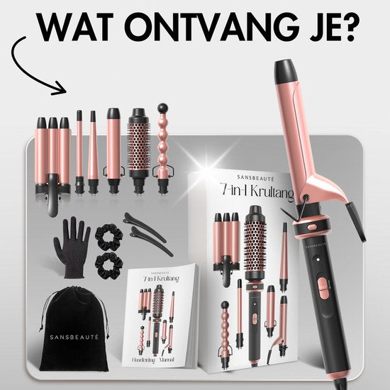 Sansbeauté® 7 in 1 Lockenstab - Mit Klemme und Waffelzange - Keramik-Lockenstab - 13mm bis 38mm - Für kurzes Haar - Wärmebürste - Lockenzange - Thermobürste - Haarstyler