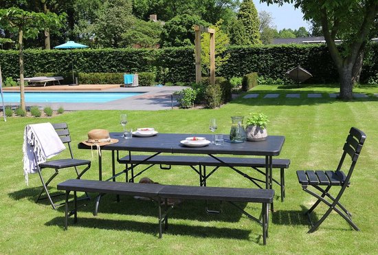 ERRO Picknickbank - Klappbare Gartenbank - Holzoptik - Schwarz - 180cm