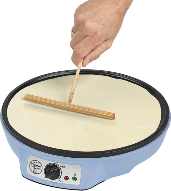Bestron Pfannkuchenmaschine – ASW602B – 1000 W – Crêpes-Maschine – 30 cm – Blau – Inkl. Holzstapel und Teigverteiler – 5 Jahre Garantie