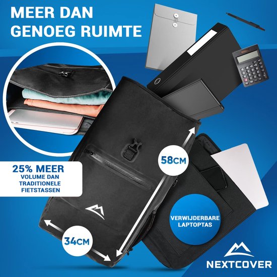 NEXTCOVER® NEW 3-in-1 Fahrradtasche für Gepäckträger [Aquashield] - Reflektierende Gepäcktasche wasserdicht - Rucksack und Umhängetasche [25 Liter]- Schwarz