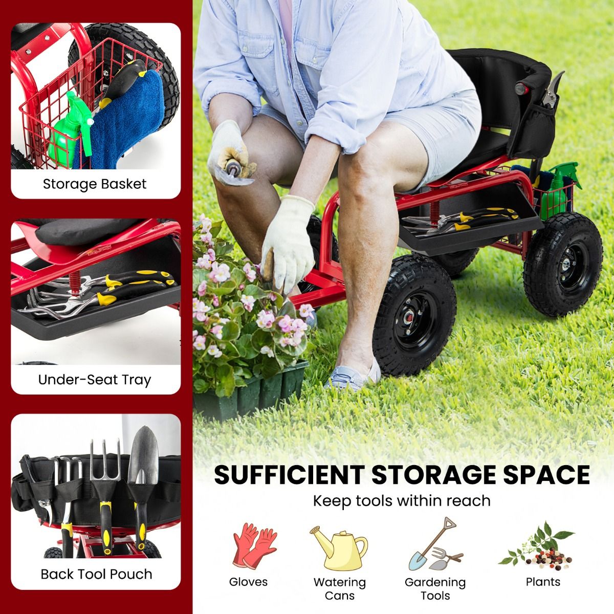 Coast Gartenwagen mit Rollsitz – ausziehbarer Griff – Stauraum – rot