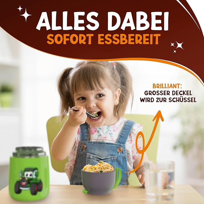 Funkelfuchs® Thermobecher für Kinderkost - 500ml, grüner Abzug - 100% auslaufsicher - Essenswärmer aus Edelstahl - Thermobecher Essen - Thermo-Lunchbox Kinder - Babykostwärmer