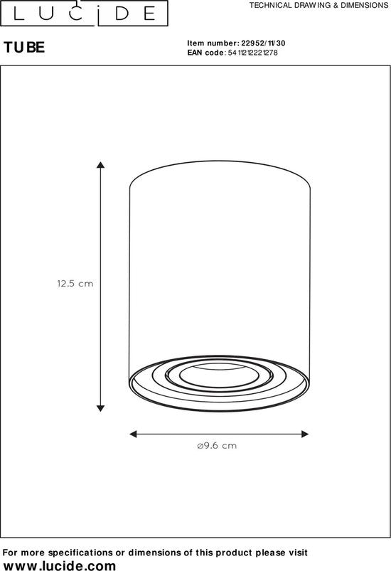 Lucide TUBE Deckenstrahler - Ã˜ 9,6 cm - 1xGU10 - Schwarz
