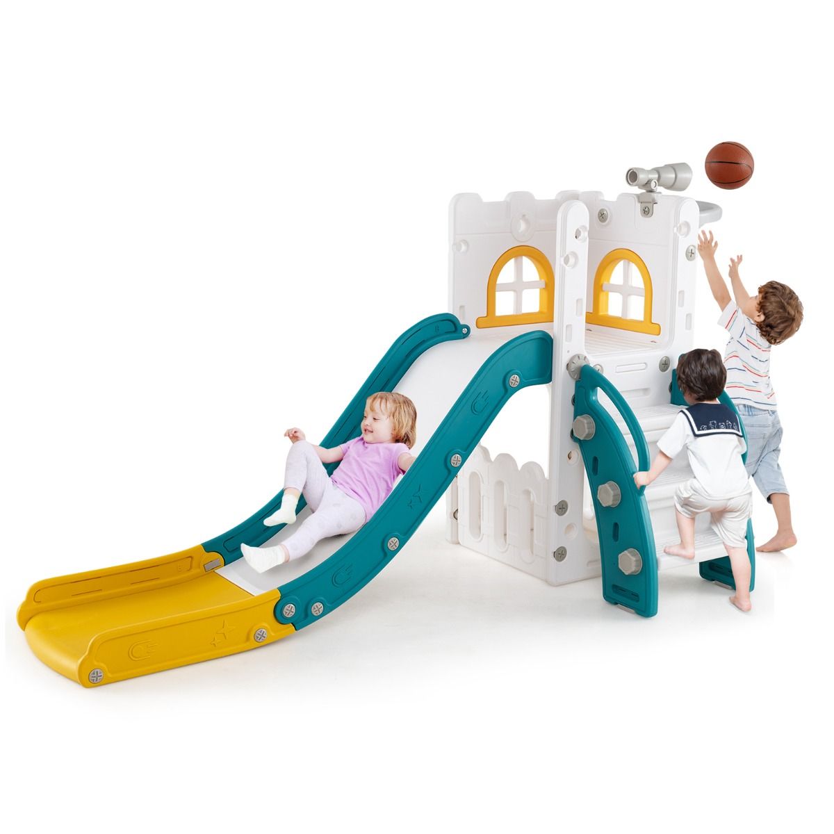 Coast 6-in-1-Kinderrutsche – mit Basketballkorb und Teleskop – L-Form – grün