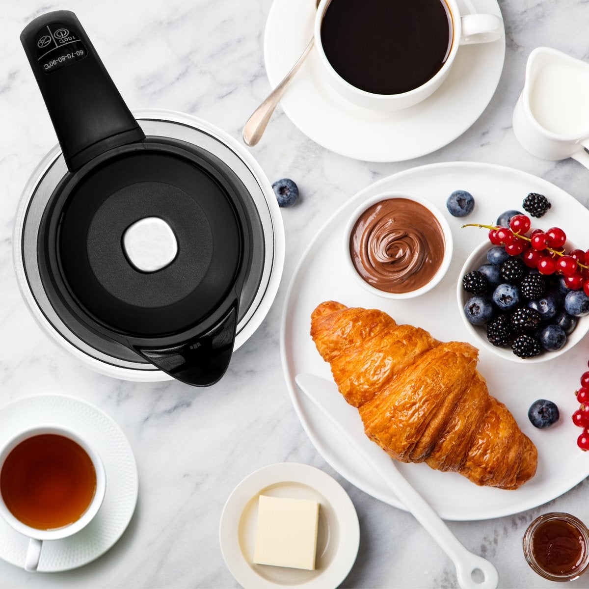 KitchenBrothers Elektrischer Wasserkocher - 1,8L - Temperaturregelung - Warmhaltefunktion - mit Teefilter - 2200W - 1,8L - Glas - Edelstahl