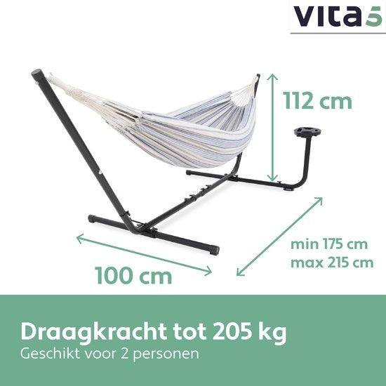 Vita5 Hängematte mit Ständer - 2 Personen - Inkl. Getränkehalter - 205kg Tragegewicht - Blau/Weiß